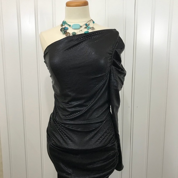 Cefian black faux snakeskin one shoulder dress S - Picture 4 of 5